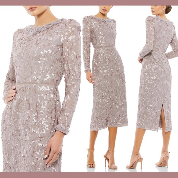 NWT $498 Mac Duggal [ 14 ]‎ Embellished High Neck Puff Sleeve Dress Mauve